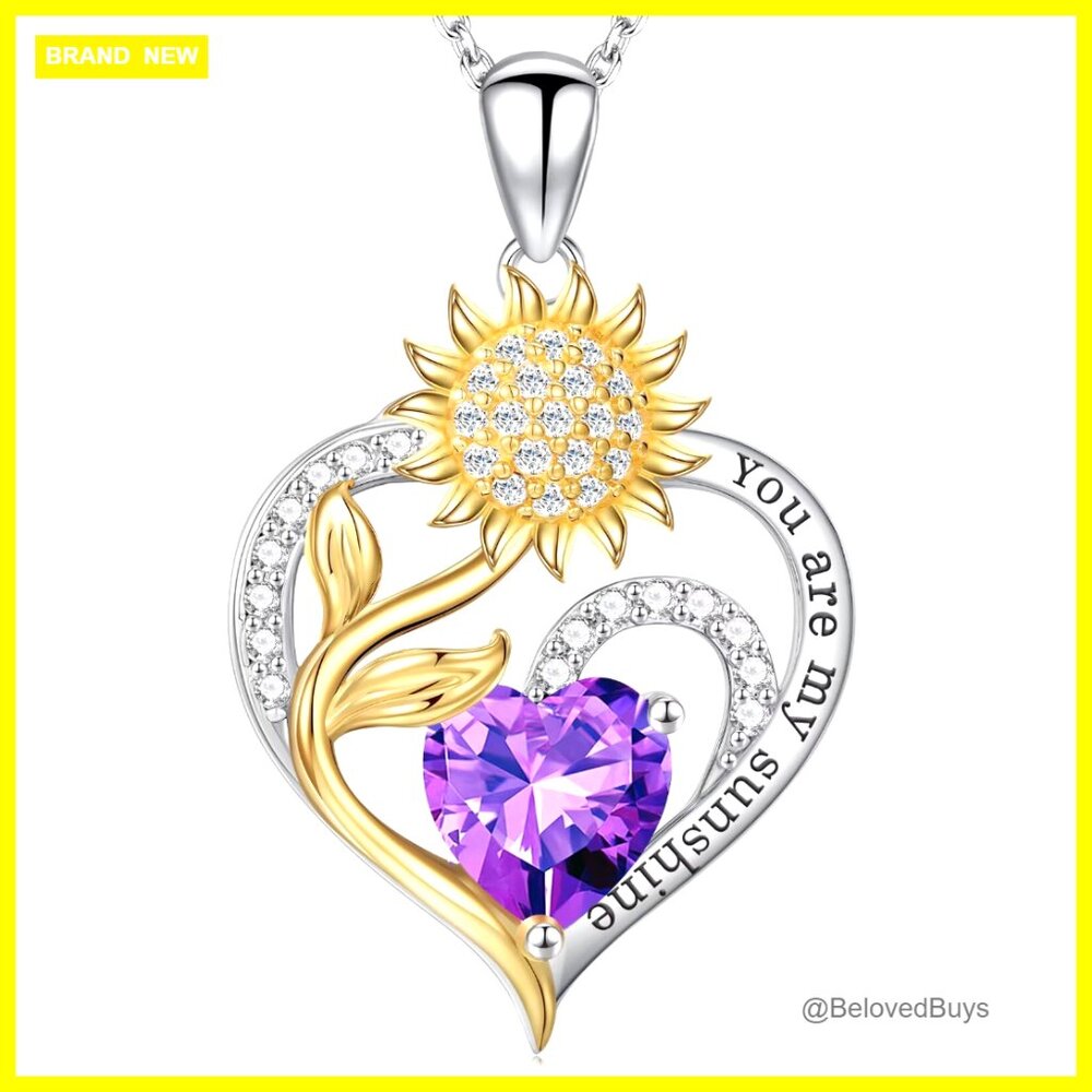 Sterling Silver Sunflower Pendant Necklace With Heart Birthstone
